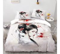 Housse de Couette 200x200 Fille Japonaise Asiatique - Parure de Lit 2 Personne avec Fermeture éclair - Sets de Housses de Couettes Imprimée en Microfibre Douce avec 2 Taie d'oreiller 65x65