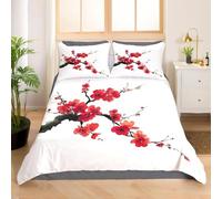 Housse de Couette 200x200 Fleur de Prunier Rouge Parure de Lit 2 Personnes Peinture à L'Encre 3 Pièces Housse Couette en Microfibre Douce Imprimé 3D avec 2 Taies d'oreiller 65x65 cm z-2110