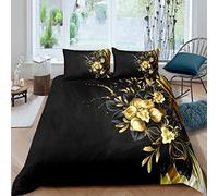 Housse De Couette 200x200 Fleur d'or Noir Adulte Parure de Lit aux Enfants et aux Adultes, Doux Réversible 110gsm Housse de Couette avec Fermeture Éclair + 2 Taies d'oreiller 65x65cm