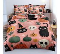 Housse de Couette 200x200 Halloween Motif Chats Noirs - Motif Tête de Mort et Citrouille - Rose - Réversible - Décoration D'Intérieur - pour Garçons, Filles et Adolescents - Douce et Facile D'En