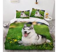 Housse de Couette 200x200 Husky 3D Imprimé Parure de lit Douce Hypoallergique 3 Pièces Chiens Bedding avec Fermeture Éclair et 2 Taie d'oreiller Convient à Adultes Ado