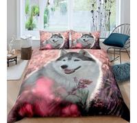 Housse de Couette 200x200 Husky Parure de Lit Chien Animal Imprimé 3D Sets de Housses de Couettes en Microfibre Doux avec Fermeture Éclair et 2 Taies d'oreiller A-2300