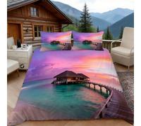 Housse de Couette 200x200 Île Tropicale, 2 Personnes, Parure de Lit Nature Microfibre avec 2 x Taie d'oreiller 65x65 cm avec Fermeture éclair