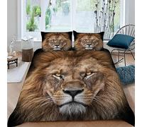 Housse de Couette 200x200 Lion 3D Motif Parure de Lit 2 Personnes Ado Douce Microfibre Ensemble de Literie Animal avec Fermeture Éclair et 2 Taies d'oreiller 50x75