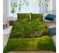 Housse de Couette 200x200 Motif Arbre Imprimée 3D Maison Rurale Parure de Lit 2 Personnes Doux Microfibre Literie avec 2 Taies D'oreillers 65x65 cm avec Fermeture Éclair N.2590