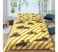 Housse de Couette 200x200 Pelleteuse Rayée Imprimée Microfibre Parure de Lit 2 Personnes avec 2 x Taie d'oreiller 65x65 cm avec Fermeture Eclair