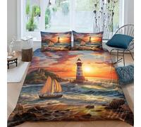 Housse de Couette 200x200 Phare, Bateau 3D Imprimé Parures de Lit Coucher de Soleil Douceur Microfibre 2 Personnes Literie avec Fermeture Éclair et Taie d'oreiller 65x65 c1251