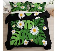 Housse de Couette 200x200 Plantes Tropicales Monstera Marguerite Ensemble De Literie Microfibre avec Fermeture Éclair, Noir Housse Couette Parure de lit 2 Personnes avec 2 Taie d'oreiller 65x65 cm