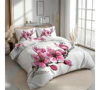 Housse de Couette 200x200 Réversible Fleurs De Cerisier Roses Parure de Lit 2 Personnes Fleurs Minimaliste Microfibre 3 Pièces avec Fermeture Éclair et 2 Taies d'oreillers 65x65 pour Adultes 3R545