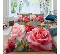 Housse de Couette 200x200 Rose Rouge Microfibre Douce Parures de Lit 2 Personnes Imprimé 3D Belles Fleurs Housses Couette avec 2 Taies d'oreiller et Fermeture Éclair g.5968