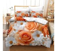Housse de Couette 200x200 Roses Rose-Orangé Microfibre Parure de Lit 3D Imprimée Chrysanthèmes Blancs Housse Couette Ultra Douce Confortable avec 2 Taies d'oreiller 65x65 H.3052