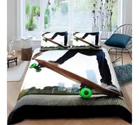 Housse de Couette 200x200 Skateboard Parure de Lit 2 Personnes Ensemble de Literie en Microfibre Douce Sports Extrêmes 3D avec Fermeture Éclair et Taies d'oreiller 65x65 970-A