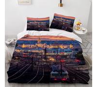 Housse de Couette 200x200 Train 3D Parure de Lit Paysage Urbain en Microfibre Doux Housses Couettes 2 Personnes avec Fermeture Éclair avec 2 Taies d'oreiller 65x65 cm D.2722