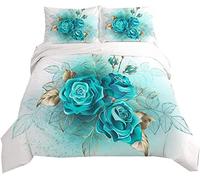 Housse de Couette 200x200 Une Rose, Bleu Parure de Lit 2 Personnes Imprimée 3D Microfibre, 2 Taies d'oreiller 65x65 cm avec Fermeture éclair