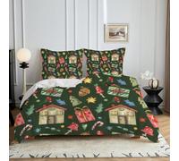 Housse de Couette 200x200 Vert Parure de Lit 200x200 avec Fermeture éclair Breathable Microfibre Flocons De Neige d'hiver Housse de Couette 2 Personnes Réversible avec 2 Taies Oreiller 65x65 cm d136