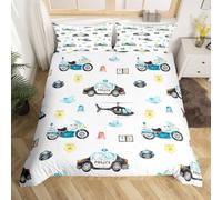 Housse de Couette 200x200 Voiture de Police Microfibre Parure de Lit 3D Imprimée Moto de Police de Bande Dessinée pour Enfants Housse Couette Ultra Douce Confortable avec 2 Taies d'oreiller D-488