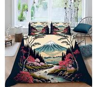 Housse de Couette 200x200 Vue sur Le Mont Fuji Parure de Lit 2 Personnes Estampes Japonaises Ukiyo-E Imprimée 3D Microfibre Literie Set 3 Pièces avec Housses Couettes et 2 Taies d'oreiller A-303