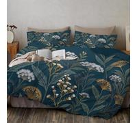 Housse de Couette 200x200cm avec 2 Taie Oreillers 65x65 cm - Feuilles D'Aneth Et Herbe Verte - Parure de Lit Fleurs Sauvages Linge de Lit Douce pour 2 Personnes avec Fermeture Éclair, Bleu-Vert