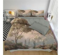 Housse de Couette 200x200cm avec 2 Taies d'oreiller 65x65 cm Chemin De La Forêt Magique Parure de Lit Paysage Rétro Avec Des Arbres Housse de Couette Réversible avec Fermeture Éclair, Brun Clair