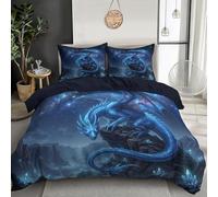 Housse de Couette 200x200cm Dragon Cristal L'Ouest Parure de lit pour 2 Personnes Linge de lit Réversible Ciel Nocturne Fantastique Parure Couette et 2 Taie d'oreiller 65x65cm, Bleu Foncé