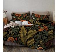 Housse de Couette 200x200cm Fleurs rétro Parure de Housse de Couette avec Feuilles, Fleurs, vignes De Rêve Et Nuages Blancs Parure de Lit pour 2 Personnes avec 2 Taie d'oreiller 65x65 cm, Orange-Vert