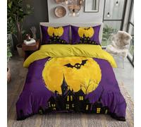 Housse de Couette 200x200cm La Ville d'halloween | Réversible Linge de Lit en Microfibre, Parure de lit pour 2 Personnes Chauves-Souris Squelettes Châteaux avec Fermeture Éclair et 2 Taies d'oreiller