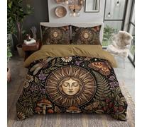 Housse de Couette 200x200cm,Parure de Lit 3D Imprimée Réversible|Visage mystérieux au Soleil et Champignons vénéneux,Marguerites,Papillons,Microfibre avec Fermeture Éclair,2 Taies d'oreiller 65x65cm