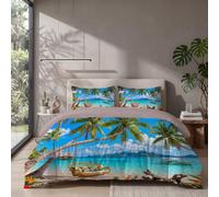 Housse de Couette 200x200cm Paysage D'Île Tropicale | Réversible Linge de Lit en Microfibre, Parure de lit pour 2 Personnes Paysage Plage Insulaire avec Fermeture Éclair et 2 Taies d'oreiller 65x65cm