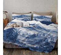 Housse de Couette 200x200cm Peinture À L'Encre Des Montagnes Brumeuses Parure de Housse de Couette Oiseaux Dans La Forêt Dense Parure de Lit pour 2 Personnes avec 2 Taie d'oreiller 65x65 cm, Bleu-Gris