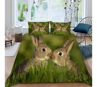 Housse de Couette 200x220 Lapin Gris Imprimée 3D Prairie Verte Parure de Lit 2 Personnes Doux Microfibre Literie avec 2 Taies D'oreillers avec Fermeture Éclair 40.C