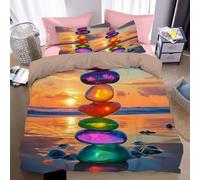 Housse de Couette 220×240cm Paysage De Plage Au Coucher Du Soleil Parure de Pierres De Chakra Colorées Microfibre Douce et Respirante Fille Adulte Housse de Couettes et 2 Taies d'oreiller 65x65 cm