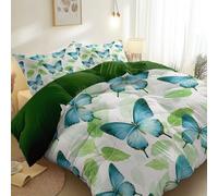 Housse De Couette 220 Cm X 240 Cm avec 2 Taies d'oreiller 65X65 Cm Motif Impression Campagne Papillons Feuilles Vertes Parure De Lit avec Fermeture Éclair Microfibre Douce Vert