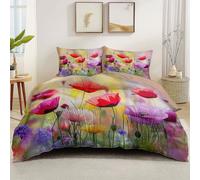 Housse de Couette 220 x 240 cm avec 2 Taie Oreillers 65x65 cm, Nu ParureMicrofibre avec Fermeture éclair 3 Pièces - Fleurs Abstraites De Rêve Coquelicot Respirante Design Parure Couette