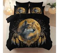 Housse de Couette 220 x 240 cm avec 2 Taies d'oreiller, Noir Microfibre Douce - MystéRieux Animaux Loup Attrape-RêVes Design en Respirable avec Fermeture Éclair Literie pour la Maison
