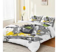 Housse de Couette 220 x 240 cm Blanc, Microfibre Réversible Parure de Lit avec Motif Style Graffiti Sports Skateboard, Durable Hypoallergénique Lavable Housse de Couette avec Fermeture Éclair