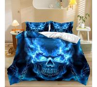 Housse de Couette 220 x 240 cm Crâne de Flamme Bleue Housse de Couette imprimée Adulte et 2 Taie Oreiller 65x65 cm Bleu avec Fermeture Éclair Literie Housse de Couette Décor de Chambre