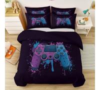 Housse de Couette 220 x 240 cm Esport Psychédélique, Tache Encre Gamepad Réversible Microfibre Douce et Respirante Parure de Lit avec 2 Taies d'oreiller, Noir Violet Bleu