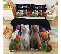 Housse de Couette 220 x 240 cm, Fleurs Ciel Nocturne Animal Chat Réversible en Microfibre Douce et Respirante, Photographie Parure de Lit avec Taies d'oreiller, Noir Vert