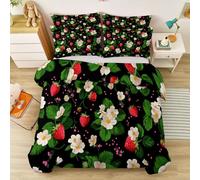 Housse de Couette 220 x 240 cm Fraise Fleur Feuilles Vertes Pois, Parure de Lit Japonais Champêtre en Microfibre Doux avec Taies d'oreiller Garçon Fille, Noir Vrai Rouge
