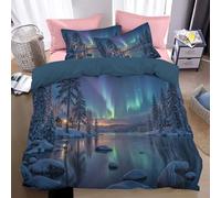 Housse De Couette 220 X 240 Cm - Housse De Couette En Microfibre Ultra Douce Avec Taie D'Oreiller, Parure Lit Avec Fermeture Éclair, Fantastique D'Aurores Boréales Paysage Forêt Et Lac Nordique
