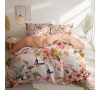 Housse de Couette 220 x 240 cm Microfibre Parure de lit avec 2 x Taie d'oreiller, Exquis Papillons Pivoines Thème Adulte Imprimé Housse de Couette, Terreux Sets Linge de Lit avec Fermeture Éclair