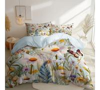 Housse de Couette 220 x 240 cm Microfibre Parure de lit, Fleurs botaniques Naturelles Marguerites Papillons Thème Adulte Imprimé Housse de Couette, Bleu Clair Sets Linge de Lit avec Fermeture