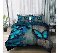 Housse de Couette 220 x 240 cm, Minimaliste Rétro Fleurs Bleu-Vert Papillons Motifs Parure Microfibre - Vert Imprimée Parure d avec Fermeture Éclair Douce légère et Facile d'entretien