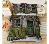 Housse de Couette 220 x 240 cm Parure de Lit 3 Pièces Scène de Neige de Style rétro dans Une Vieille avec Fermeture Éclair Moderne Sets de Housse en Microfibre avec 2 Taie d'oreiller 65 x 65cm Vert
