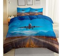 Housse de Couette 220 x 240 cm Parure de Lit avec Fermeture Éclair, Bleu Réversible Légère 4 Saisons Voyage Avion Route Périple Aventure Microfibre Housses Couettes et 2 Taies d'oreiller