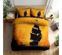 Housse De Couette 220 x 240 cm Peinture à l’huile navire pirate Parure De Lit Adulte Réversible Avec Fermeture Éclair, Couleur Orange Literie En Microfibre Approprié, Pour Adultes Enfants Filles