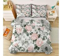 Housse de Couette 220 x 240 cm, Plantes Roses Feuilles Housse de Couette, Aquarelle Vintage 100% Microfibre Parure de Lit avec Taie d'oreiller et Fermeture Eclair, Pure White Light Dusty Pink