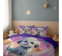 Housse de Couette 220 x 240 cm, Skateboard Shih Tzu Dessin Animé Microfibre Imprimée Parure de Lit, Parure de Linge de Lit avec Fermeture Éclairavec Taie d'oreiller 65 x 65, Housse de Couette Violet