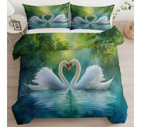 Housse de Couette 220 x 240 cm Vert Enfant Fille Garçon Parure de Lit 2 Personne en Microfibre Dessin Animé Cartoon 3D Imprimé Amour Romance Animaux Cygnesavec Taie d'oreiller 65x65 Cadeau Fête