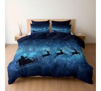 Housse de Couette 220 x 240 Traîneau du Père Noël Silhouette de Renne, Haut de Gamme Parure de Lit et 2 x Taie d'Oreiller, Lot de 3, Bleu Nuit, Linge de Lit en Microfibre avec Fermeture Éclair
